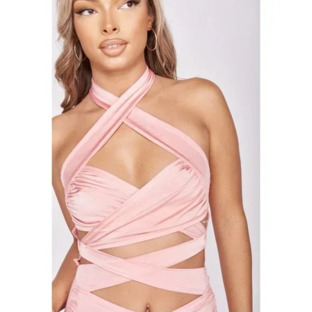 Pink Sleeveless Halter Neck Backless Cutout Wrap Bodycon Mini Dress - Picture 15 of 17